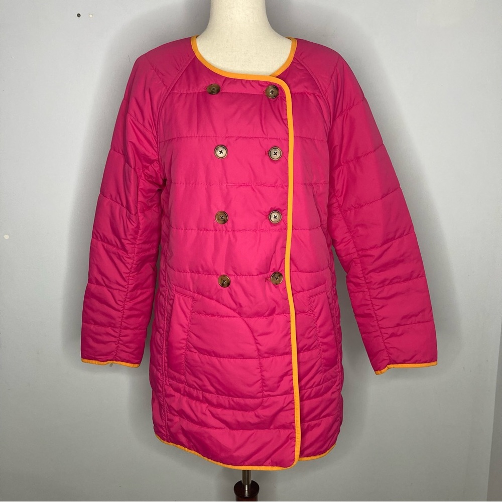 J. Crew Double Breasted Pink Puffer Long Coat Reversible Size Medium - Picture 2 of 9